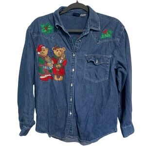 Palmetto's Jean Wear Vintage Women's Teddy Bear Christmas Patch Button Up Size M